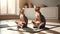 Sphynx cats in yoga poses on a mat, sunlit room, peaceful meditation atmosphere. Generative AI