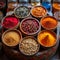 Spice exploration Variety of spices artistically arranged in plates