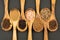 Spice and Food - Background made of various spices in cooking spoons made of olive wood