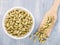 Spice green cardamom Elettaria cardamomum in white ceramic bowl and wooden spatula on gray concrete background closeup