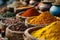 Spice Market. Diverse Bowls and Bags Overflowing with Aromatic Spices and Herbs for an International Cooking Odyssey