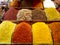 Spice market showing variety of spice mixes and seasonings in different colors, typical in eastern cuisine diet and countries