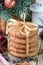 Spiced cookies with almonds. Christmas gifts. Round cookies, tied with ribbon