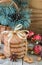 Spiced cookies with almonds. Christmas gifts. Round cookies, tied with ribbon