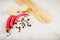 spices, chili pepper and spaghetti/spices, chili pepper and spaghetti on a white marble  background.  Top view