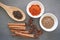 Spices: chillie powder, cinnamon stick, black pepper, cumin seeds and clove flower