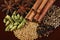 Spices cinnamon sticks, stars anise, cardamom, clove, coriander