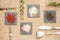 Spices on dark plates with rosemary, antique forks, spoon and kn