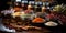 Spices filled bowls and lids on a table