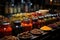 Spices and herbs in glass jars on the counter of the store