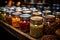 Spices and herbs in glass jars. Food and cuisine ingredients