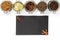 Spices and herbs in jars. Food, cuisine ingredients. Wooden board