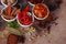 spices and herbs on kitchen or wooden table,Colorful spices and herbs for cooking with rotation teblet, Jaiphal, Star Anise,