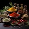 Spices and herbs on an old background, diverse culinary ingredients