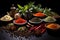 Spices and herbs on an old background, diverse culinary ingredients