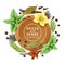 Spices and herbs round composition. Realistic different natural food ingredients, dry seeds, powders, fresh leaves and