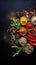 Spices and herbs on wooden table. Spices condiments and herbs on black background.