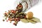 Spices: mixed peppercorns, bay leaves, nutmeg
