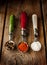 Spices - salt, pepper and chili powder on decorative vintage spoons