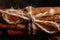 Spices sticks cinnamon on the old table. Rustic background, aroma close-up