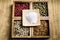 Spices for a tasty meal on an old wooden table