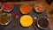 Spices. Various Indian Spices on table. different spice and herbs background, Assortment of Seasonings condiments
