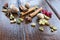 Spices on a wooden board. Anise, cinnamon, cardamom, whole nutme