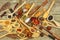 Spices on wooden spoons. Sales of exotic spices. Seasoning food. Aromatic spices.