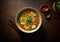 Spicy asian soup with noodles and vegetables.Top view.AI Generative