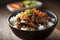 A spicy beef bulgogi bowl with tender strips of beef and crisp vegetables.