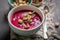 Spicy borsch soup with croutons and cream