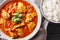 Spicy Burmese chicken curry in a sauce consisting of onion, ginger, lemongrass, pepper, garlic and tomato close-up in a bowl.