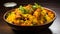 A spicy chicken biryani with colorful saffron rice