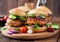 Spicy chicken burgers with tomato and eggplant - sandwich.