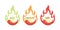 Spicy chili hot pepper, food spice level, spiciness level. Vector red pepper with flame fire icons