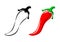 Spicy chili hot pepper icons. Vector Asian and Mexican spicy food and sauce, red and black outline chili peppers for your web site