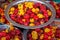 Spicy chilli peppers on display on a market stall