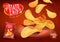 Spicy chilli potato chips advertisement, chips with chillies fla