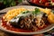 Spicy close-up of Chiles Rellenos with melted cheese and savory ground beef filling, garnished with fresh cilantro