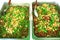 Spicy cooked minced pork left and Spicy raw minced pork right on white background