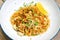 Spicy crab pasta, Seafood spaghetti with chilli pepper