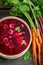 Spicy and delicious beetroot soup made of beetroots and vegetables