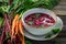 Spicy and delicious beetroot soup seasoned with marjoram