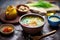 spicy detox soup with chili and turmeric, clay bowl, and bread