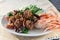 Spicy fried pork mince ball with head shrimp, Thai foods
