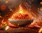 Spicy Fried Rice Dish with Flames and Flying Ingredients Against a Smoky Background, Culinary Presentation