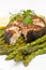 Spicy grilled halibut fish with asparagus