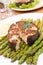 Spicy grilled halibut fish with asparagus