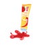 Spicy ketchup splashing out of Yum Yum tube, chili and tomato design. Condiment packaging, hot flavor explosion vector