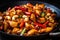 Spicy Kung Pao Chicken served in a sizzling wok with vibrant red peppers, green onions, and crushed peanuts sprinkled on top